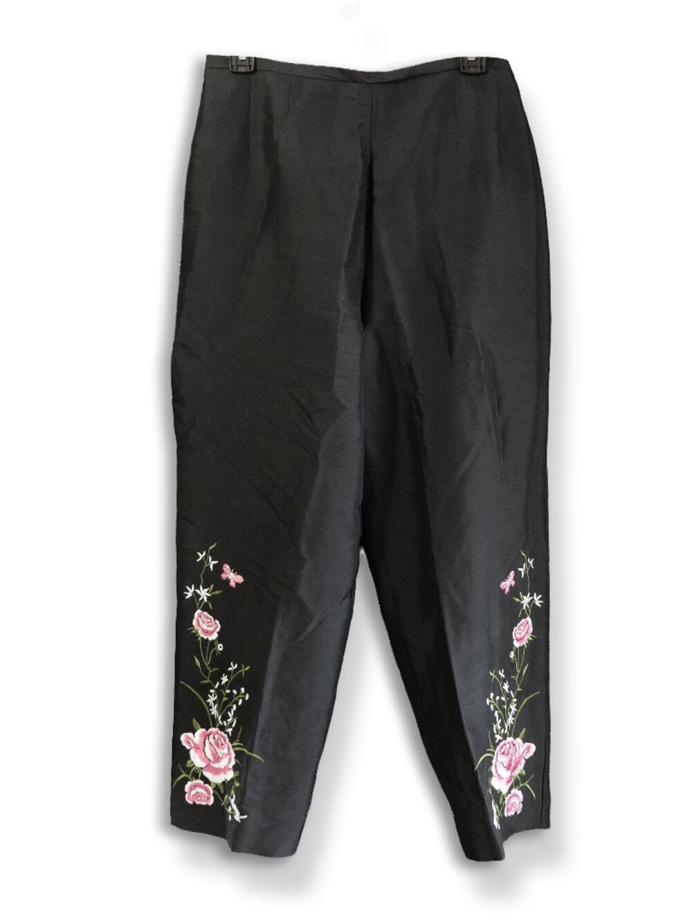 Vintage Embroidered Pants Black Silk High Rise Straight Leg Goth Boho Cropped